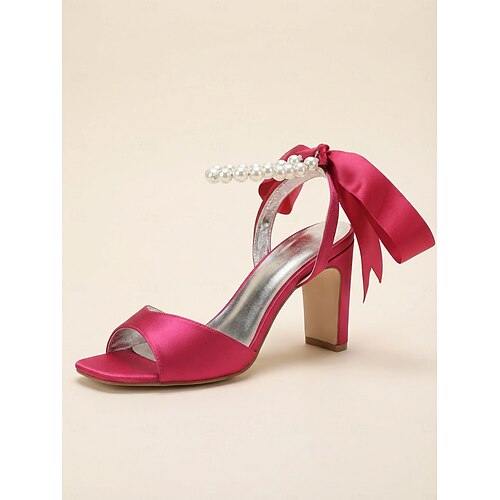 Lila Brautsandalen aus Satin mit Perlenriemen und Schleife, elegante offene Hochzeitssandalen für Bräute, luxuriöse High Heels für die Zeremonie Image