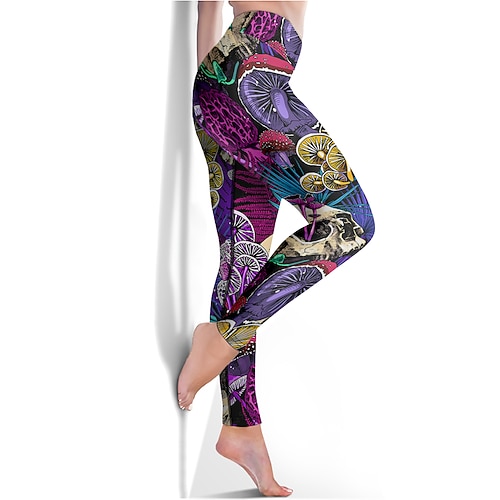 Damen Sport Leggings Gym Sport leggings Yogahose Elasthan Purpur Kurz geschnittene Leggings Totenkopf Motiv Bauchkontrolle Kolbenheber Kleidung Yoga Fitness Fitnesstraining Laufen / Hochelastisch Image
