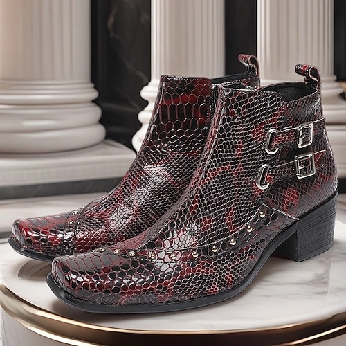 Herren-Lederstiefel mit Schlangenmuster – dunkelrot, auffällig und trendig, ideal für Rock'n'Roll-inspirierte Mode Image