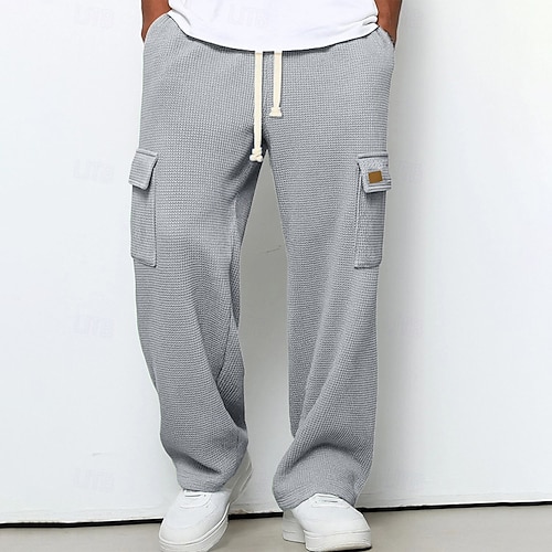 Herren Cargo-Jogginghose Jogginghose Hose Gerade geschnittene Sweatpants Waffelhose Kordelzug Tasche Elastischer Bund Einfach Komfort Weich Outdoor Lässig Täglich Mode Klassicher Stil Dunkelbraun Image