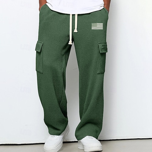 Herren Cargo-Jogginghose Jogginghose Hose Gerade geschnittene Sweatpants Waffelhose Kordelzug Tasche Elastischer Bund Amerikanische US-Flagge Komfort Weich Outdoor Lässig Täglich Mode Klassicher Stil Image
