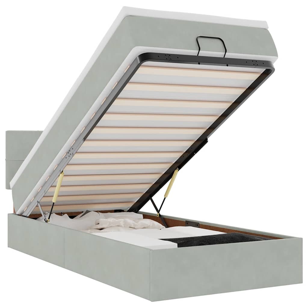 vidaXL Ottoman-Bett mit Matratze & LEDs Hellgrau 90x200 cm Samt Image