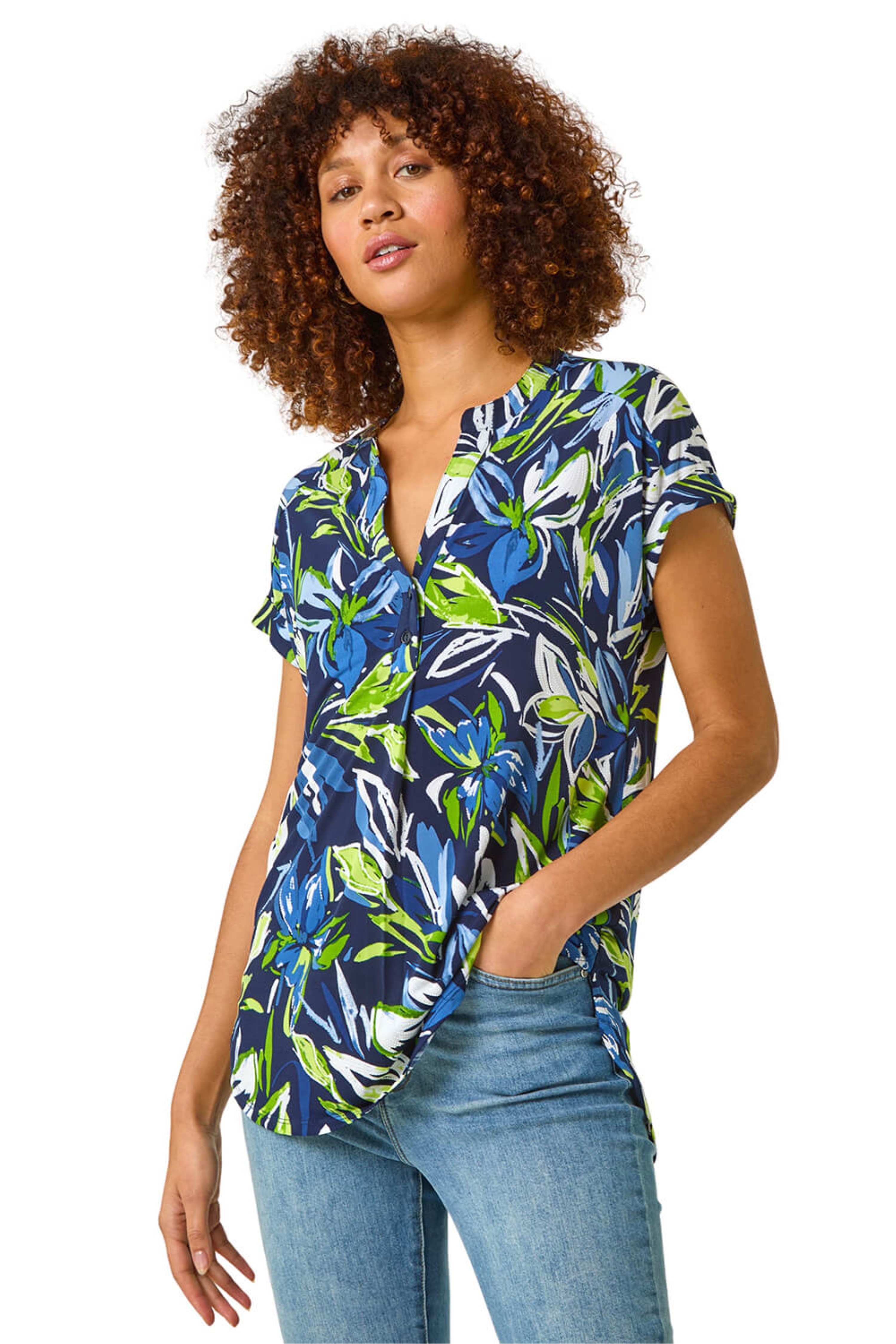 Roman Womens Textured Leaf Print V-neck Stretch Top - Blue - Size 10 UK | Roman Sale | Discount Designer Brands