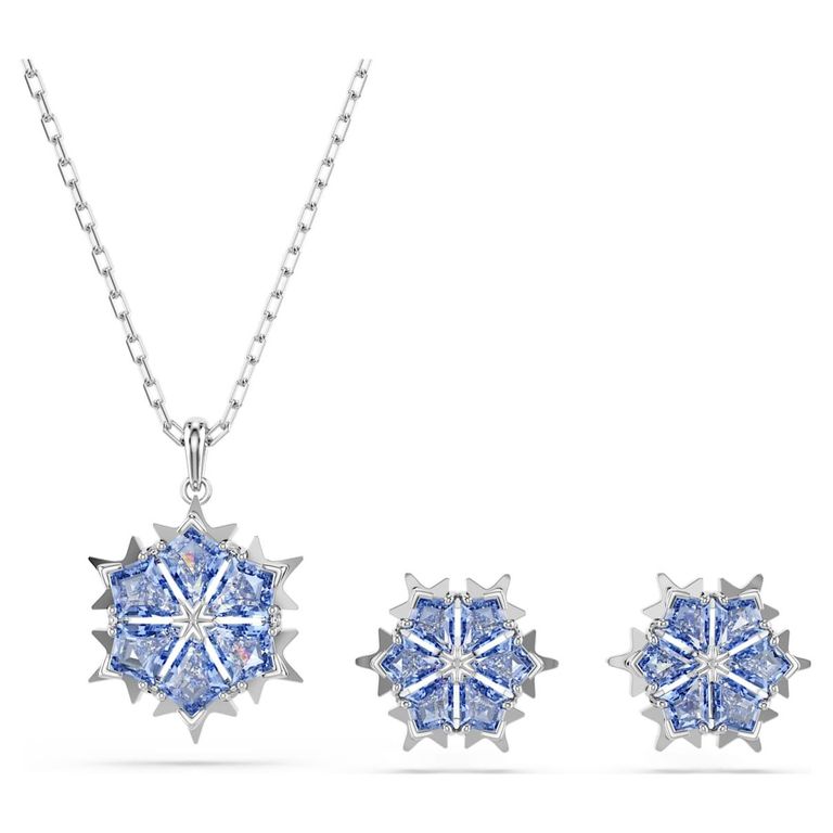 Magic Snowflake Rhodium Plated Earring And Necklace Set - Blue - Swarovski Necklaces