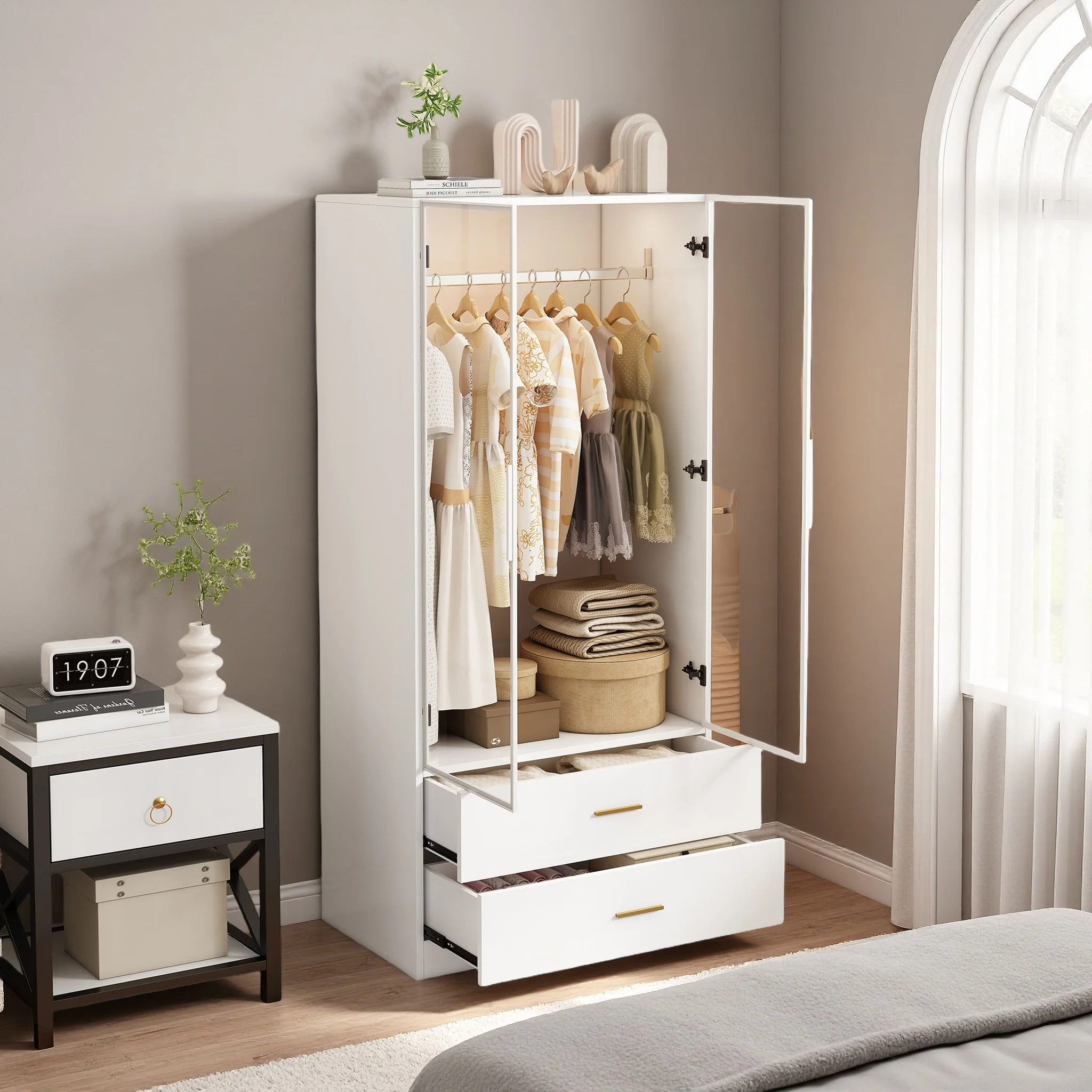 Comanlai Kleiderschränke mit transparenter Glastür, Kleiderschrank mit LED-Kleiderorganisator, Schlafzimmermöbel mit 2 Schubladen