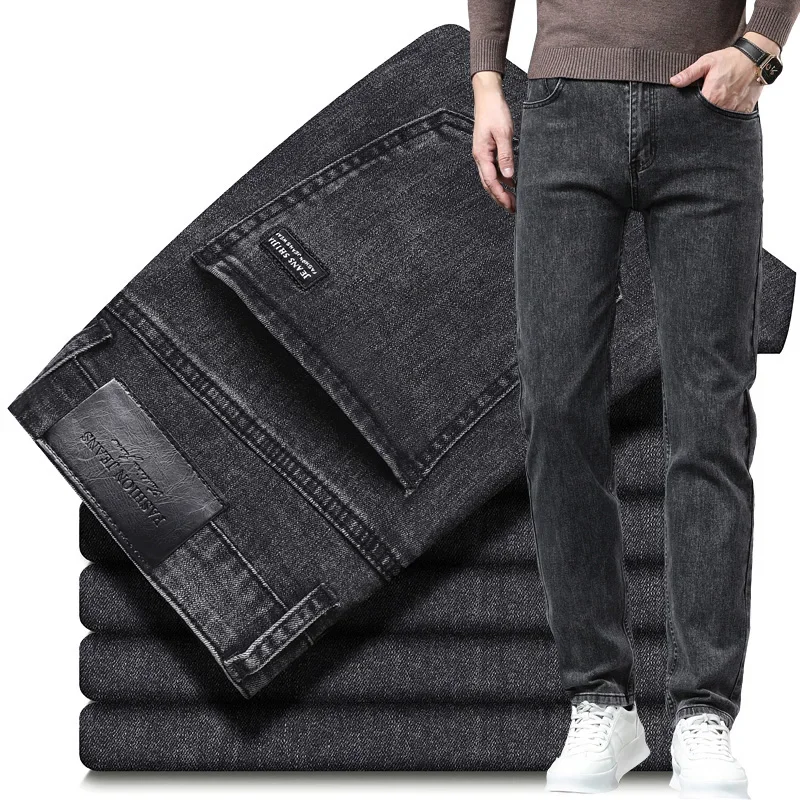2023 frühjahr Neue männer Gerade Jeans Elastische Hose Klassische Rauch Grau Casual Wear Mittlere Taille Casual Hosen Schwarz Männliche marke