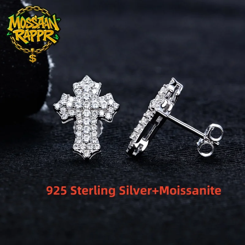 MossanRappr 0,78 cttw Moissanit-Ohrstecker mit Iced-out-Kreuz, 925er-Sterlingsilber, D-Farbe, eleganter und modischer Schmuck für Männer Image