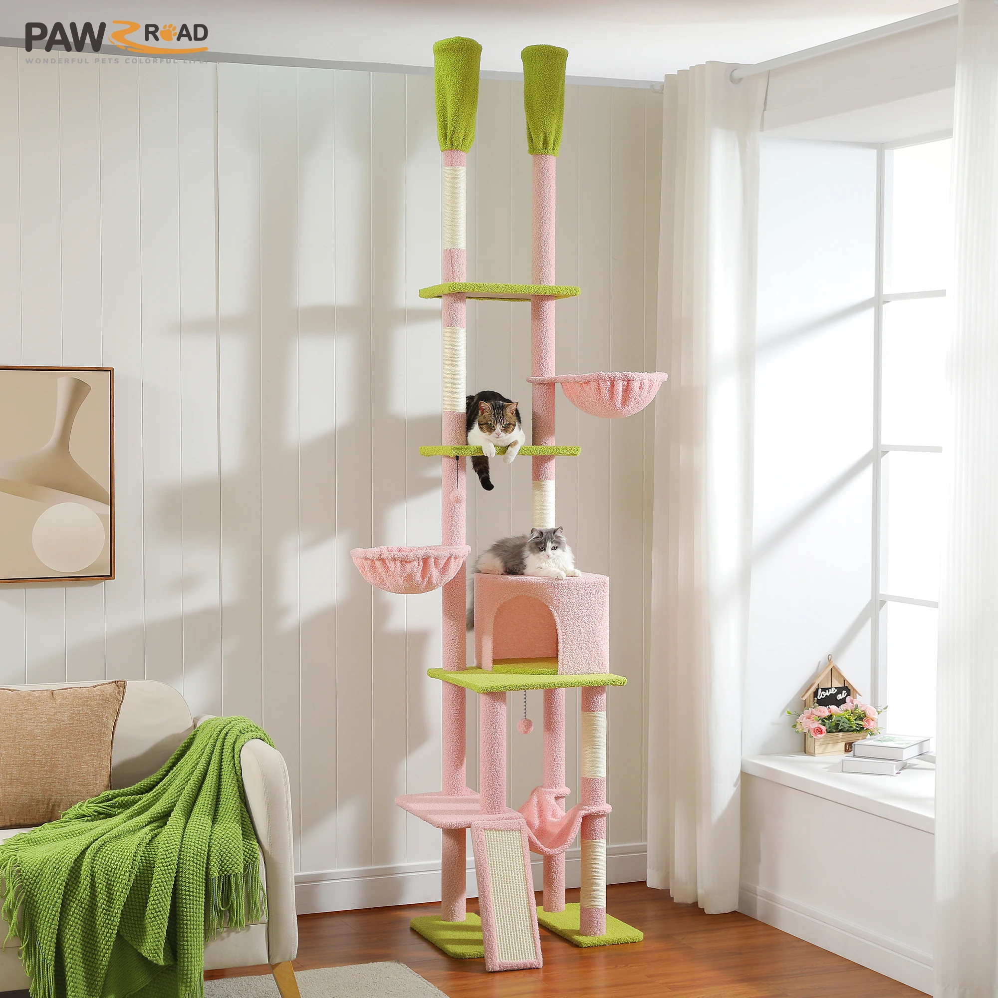 Vom Boden bis zur Decke hoher Kratzbaumturm mit natürlichen Sisal-Kratzbäumen, Kratzleiter, gemütliche Hängematte und privatem Eigentumswohnung, Katzenspielzeug Image
