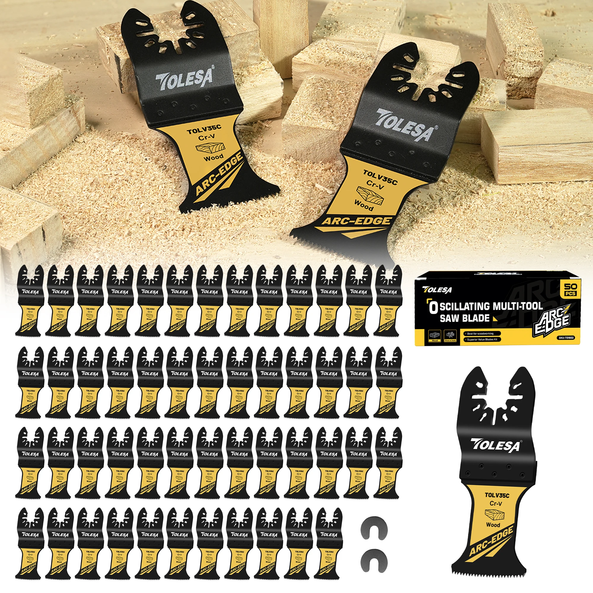 TOLESA 3/50 Stück oszillierende Sägeblätter, Multitool-Klingen zum Schneiden von Holz, Kunststoff, CR-V verschleißfestes Sägeblatt, Arc Edge Blade Image