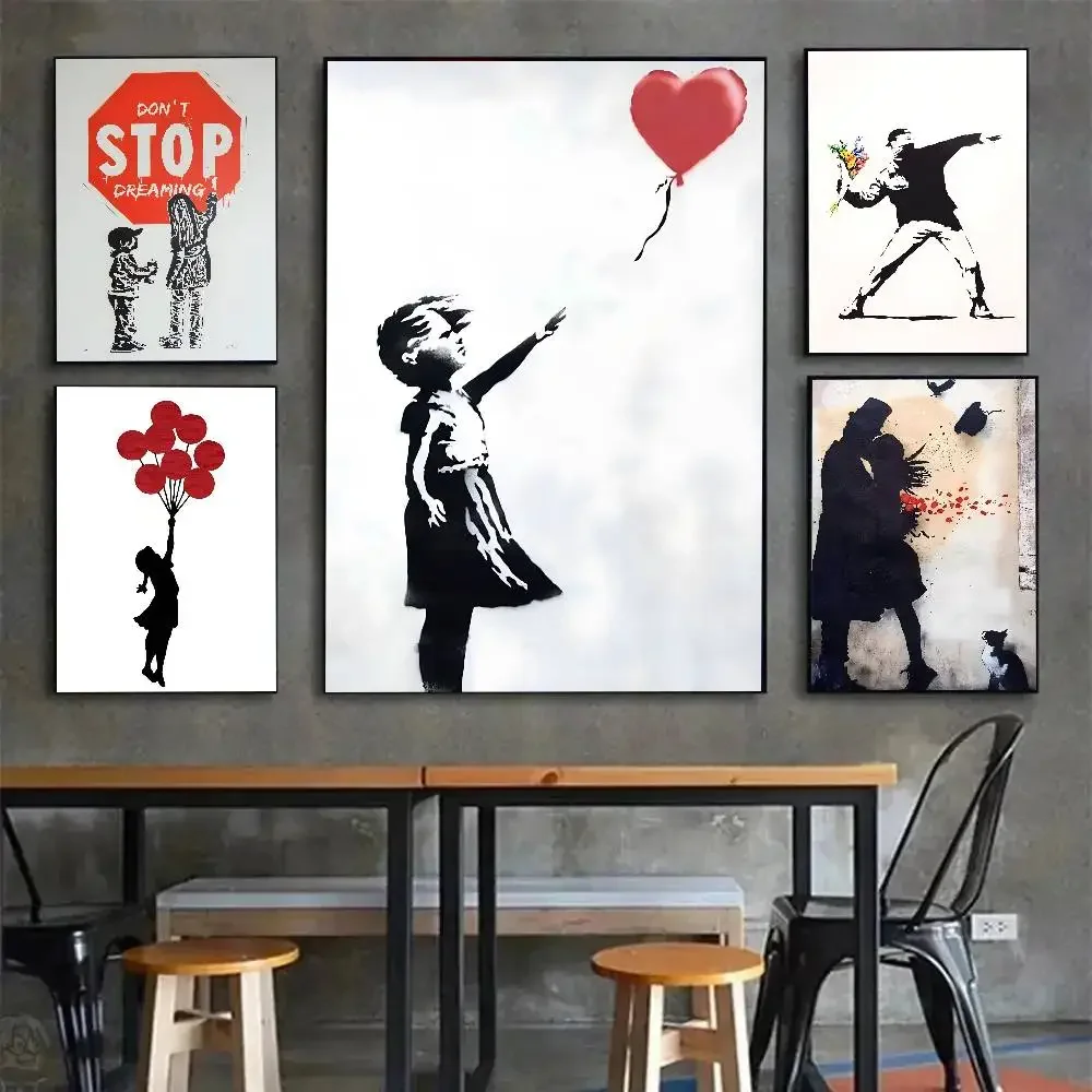 B-Banksy Graffiti-Kunstwerk, Malerei, Mädchen mit rotem Ballon, Poster mit Drucken, Zuhause, Schlafzimmer, Wohnzimmer, Dekoration, Geschenk Image