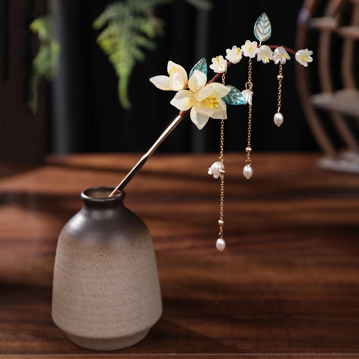 Haarnadel im antiken Stil, Maiglöckchen, Perlenquasten-Haarnadel, glasiertes Blumenblatt-Han-Element-Haar-Accessoire, Hanfu-Accessoire im Feenstil, exquisites Haarschmuck für Fotoshootings für junge