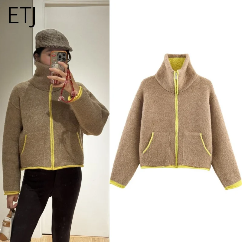 ETJ 2025, Damen-Winterjacke, neuer lässiger Sportstil, Vitalität, Kollision, Farbe, Spleißen, Strickbomberjacke, Kurzmantel