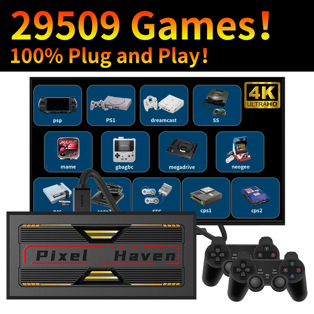 Boîte de jeu rétro HD 4K, Console de jeu vidéo Pixel Haven, Plug & Play pour TV, plus de 29000 jeux pour DC/PS1/PSP/SS/MAME/NES/Sega avec contrôleur