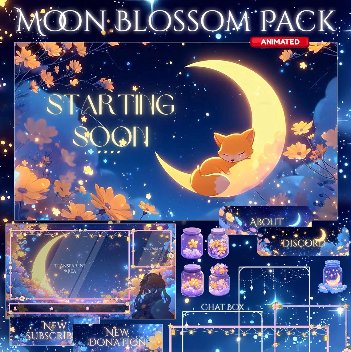 Overlay Twitch Fox Magic Night, schermata Twitch / Pacchetto streaming overlay animati, mezzaluna / overlay Twitch carino / estetico, schermate a stel