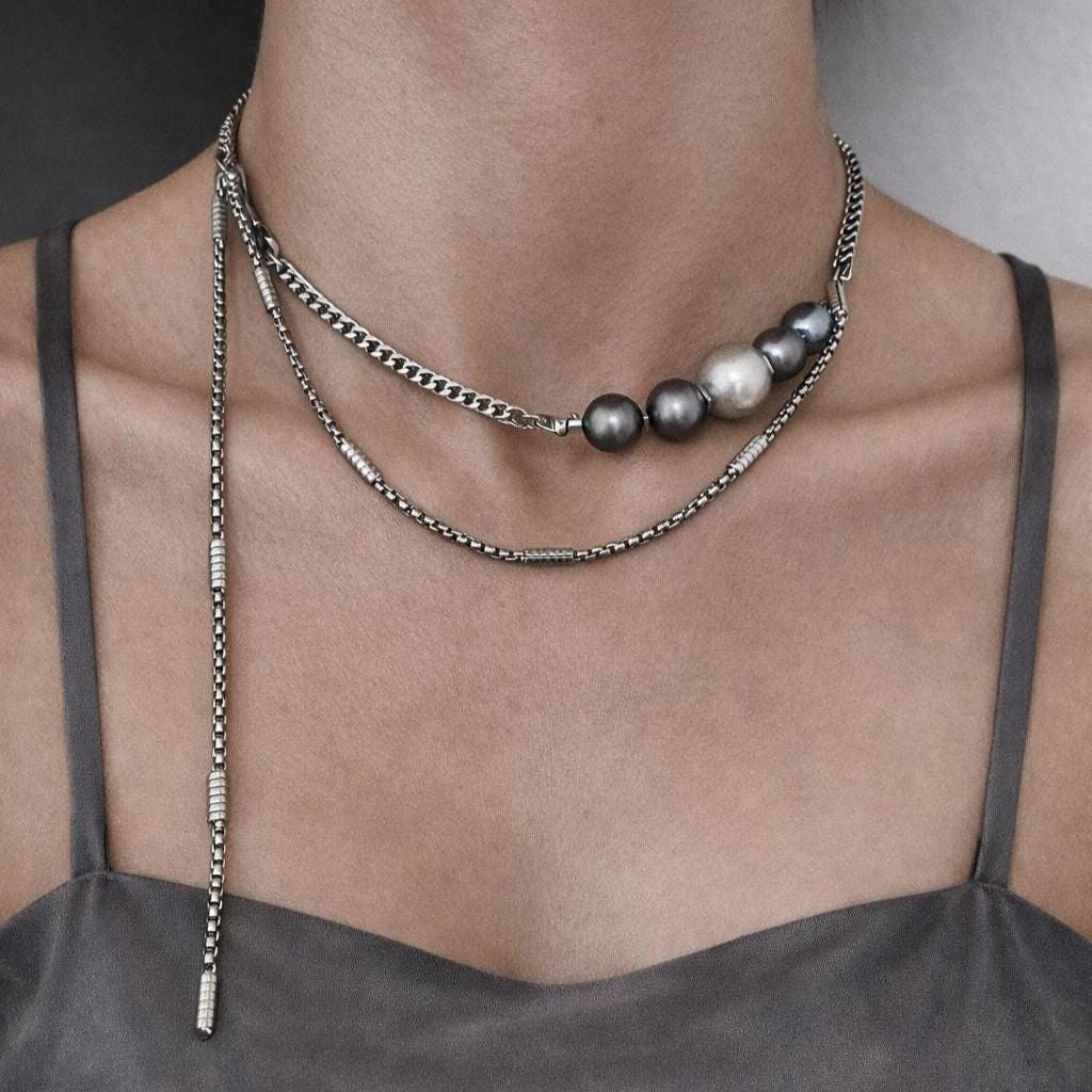 collana di perle, collana di perle da uomo, gioielli impermeabili, collana di perle moderna, collana con catena in acciaio, collana minimalista in met