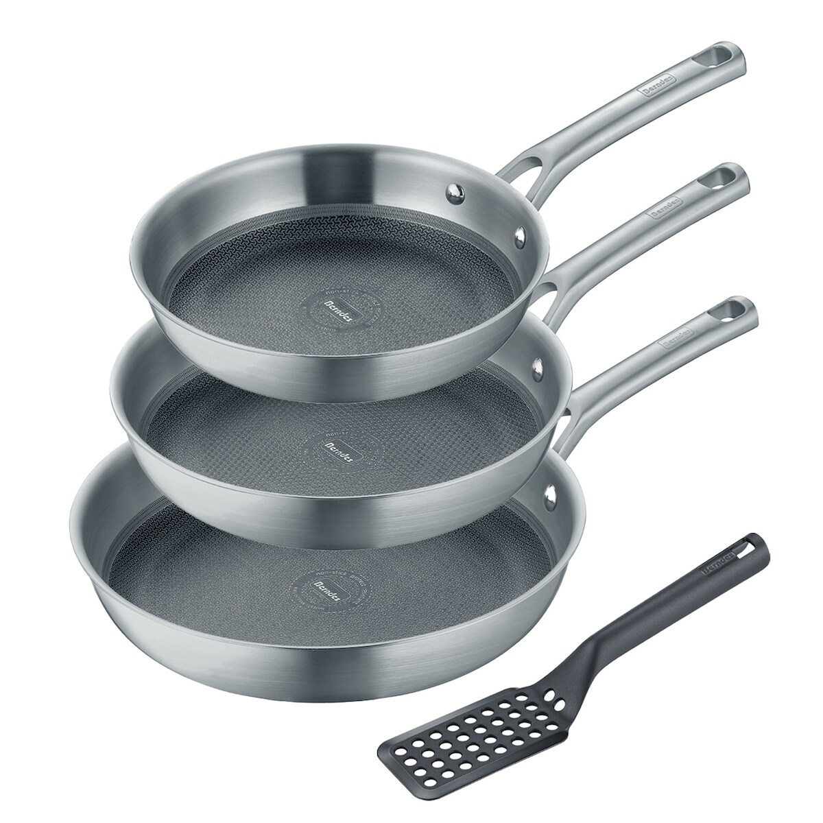 Berndes 4-teiliges Set Bratpfanne 20+24+28 cm, Edelstahl, poliert, inkl. Pfannenwender - Tricion Resist Image