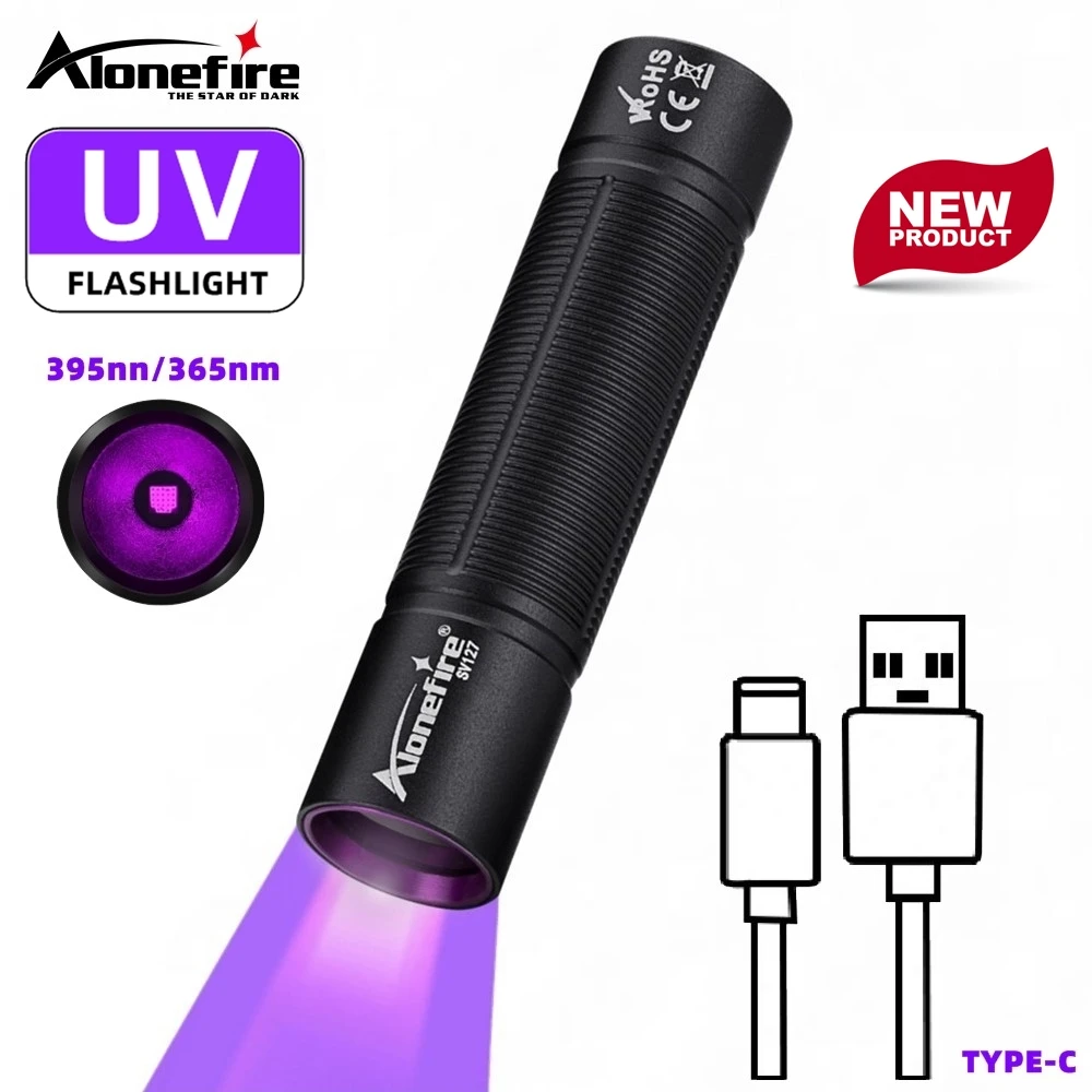 Mini 365 nm/395 nm Schwarzlicht Hochhelle UV-Taschenlampe USB wiederaufladbar Katze Hund Urin Marker Geld Skorpion Erkennung Licht Taschenlampe Image