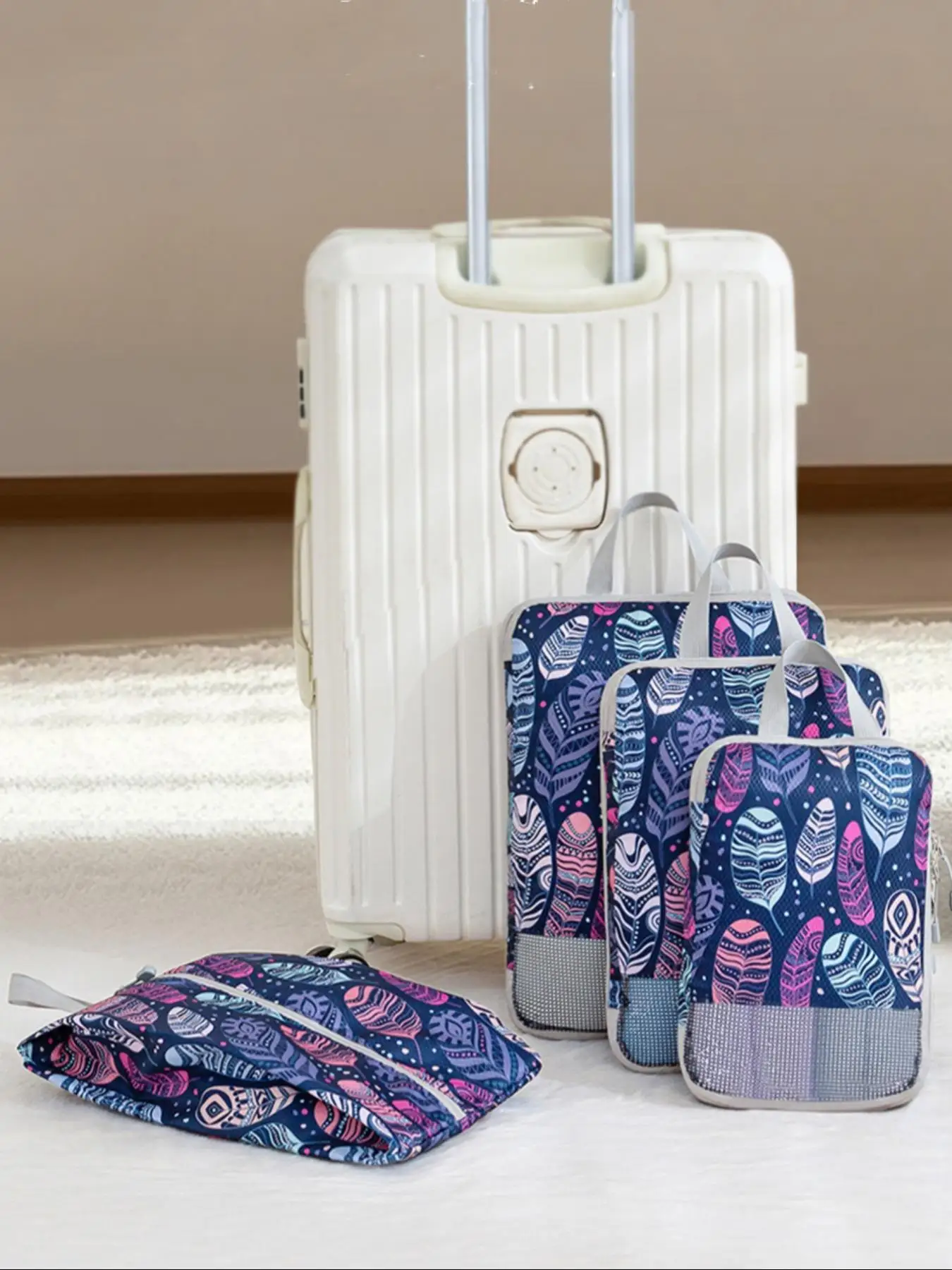 4-teiliges elegantes Blumen-Reiseverpackungs-Organizer-Set, Kompressionswürfel für Toilettenartikel, Kleidung und Schuhe, langlebiger, waschbarer Stoff