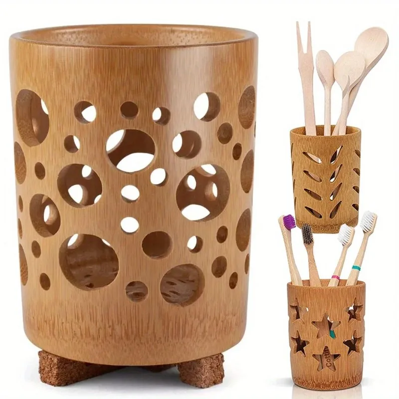 Bambus-Zahnbürstenhalter für Badezimmer, Zahnbürstenbecher mit Entwässerung, schnell trocknender Badezimmerbecher, Zahnpasta-Halter, abbaubarer Becher Image