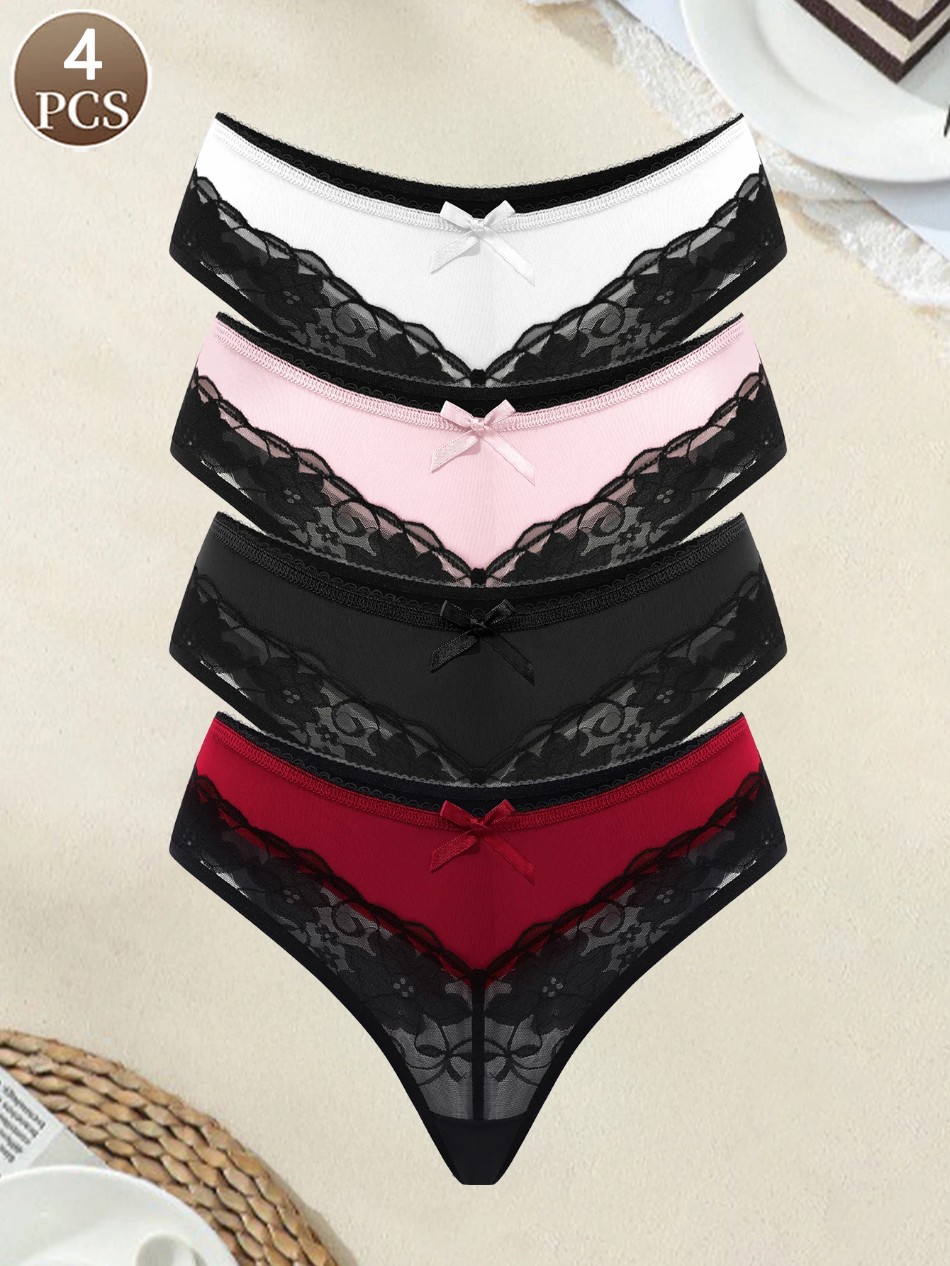 4PCS Damenhöschen sexy Spitze Schleife Unterwäsche niedrige Taille bequeme lässige Sport Damen Slips Image