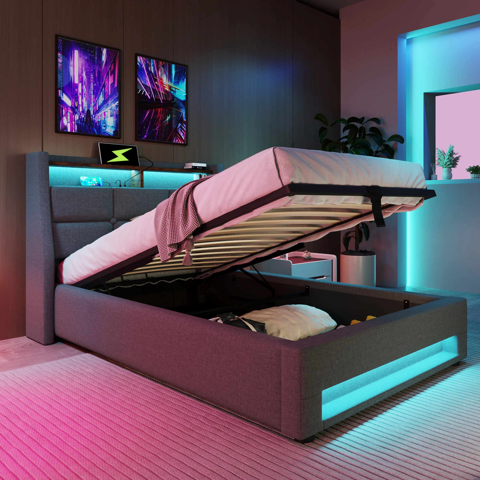 Polsterbett MIT USB 90x200cm,LED Einzelbett MIT Lattenrost Aus Metallrahmen,Bettgestell Aus Leinenmaterial Jugendbett