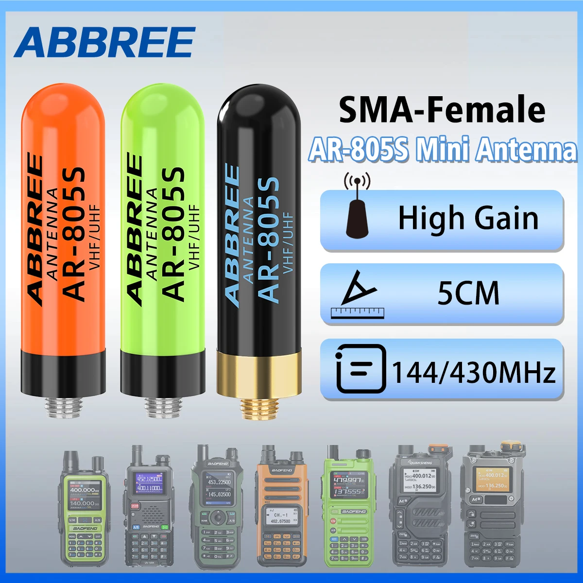 ABBREE AR-805S Mini SMA-Buchse Dual Band High Gain Antenne Für Baofeng UV-21 PRO UV-5R Mini UV-5RH Walkie Talkie Zubehör Image