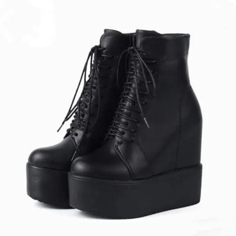 2025 Punk Stil Keile Ankle Boot Schwarz Gummi Sohle Schuhe 14 CM Plattform Stiefel Frauen Schnürung Herbst Sexy dame Keil Heels turnschuhe