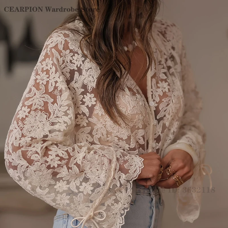 Sexy Spitze Shirts Sommer Langarm Blusen Mode Frauen Kleidung Blusas Mujer De Moda Aushöhlen Tops Sehen Durch Casual Hemd