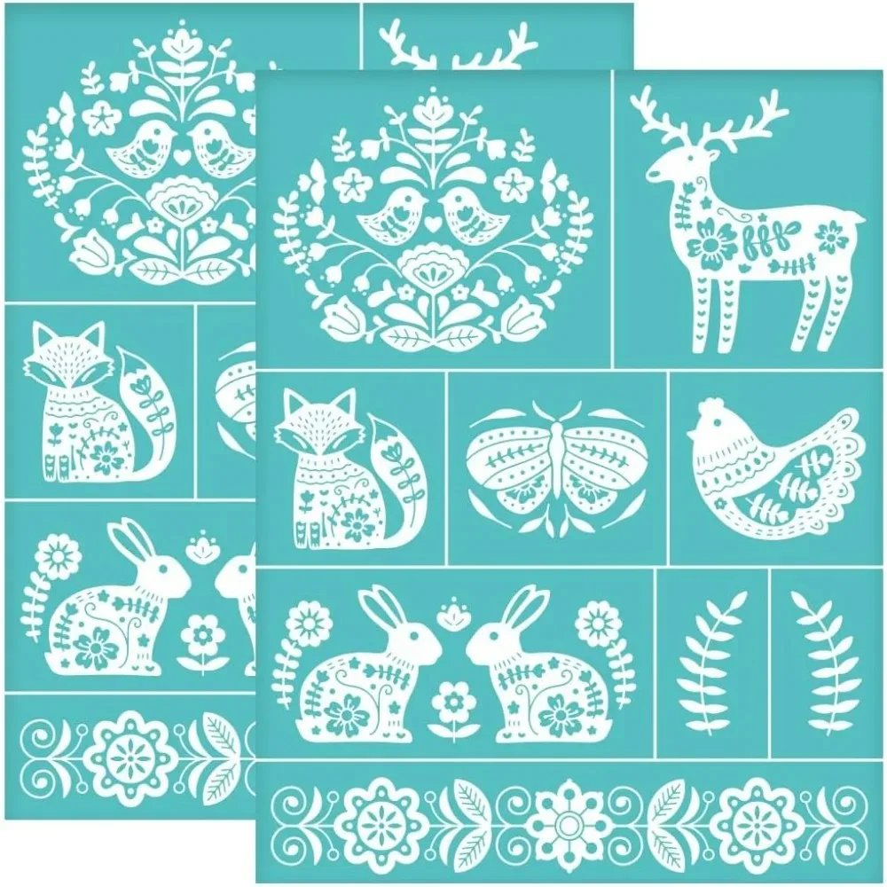 2 Stück 8,6 x 11 Zoll Volkskunst dekorieren selbstklebende Siebdruck-Schablone Fuchs Kaninchen Siebdruck-Schablone Vogel Elch Schmetterling Image