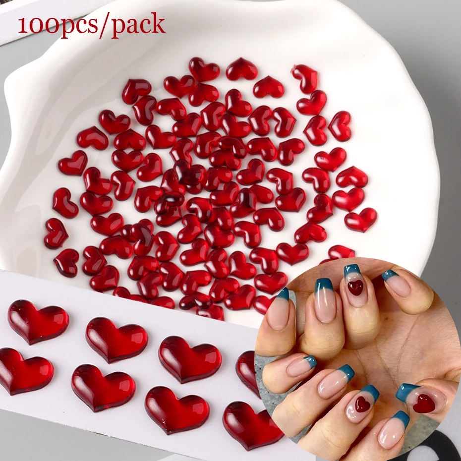 100 Stück Valentinstag 3D-Nagelanhänger mit rotem Liebesherz – hochwertige Edelsteine mit flachem Boden für DIY-Maniküre-Dekorationen Image