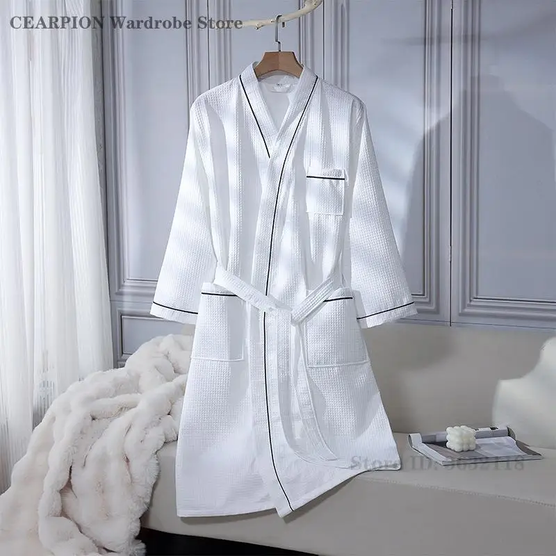 Weißer Waffel-Hotel-Bademantel mit Taschen, Frühling und Herbst, neue Robe, Nachtwäsche, Herren und Damen, langärmelig, saugfähig, für Zuhause, Loungewear Image