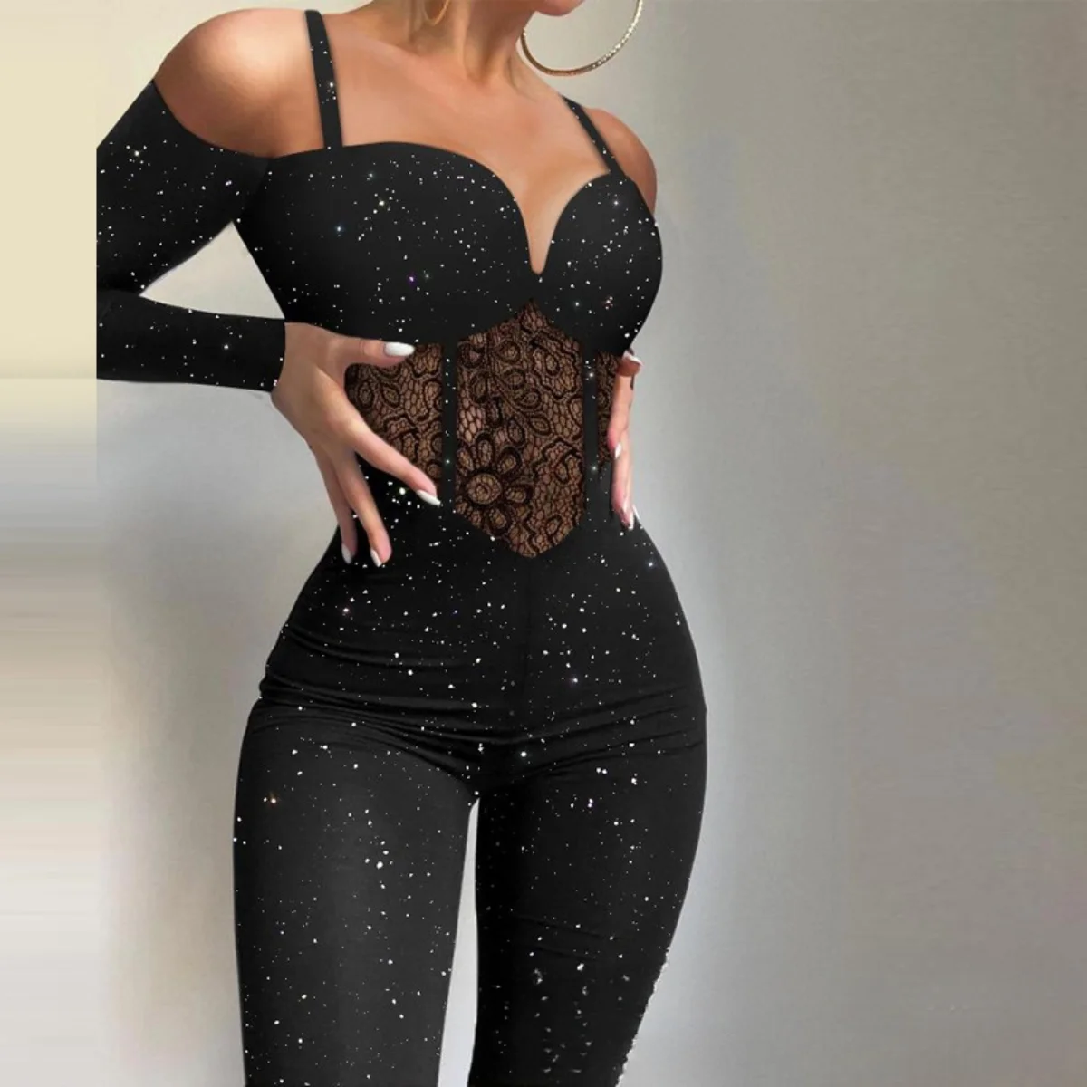 Spitze Mesh Body Frauen Langarm Overall Insgesamt Herbst Winter Sexy Slim Fit Bodycon Shapewear Lange Hosen Hohe Taille Strampler Image