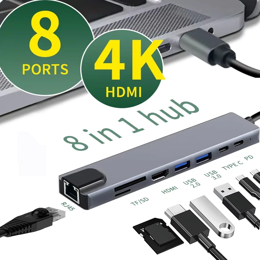 8 in1 USB C HUB Typ C Splitter 4K Docking Station Laptop USB Adapter PD SD TF Für Macbook Laptop PC USB 3,0 RJ45 HDMI-Kompatibel Image