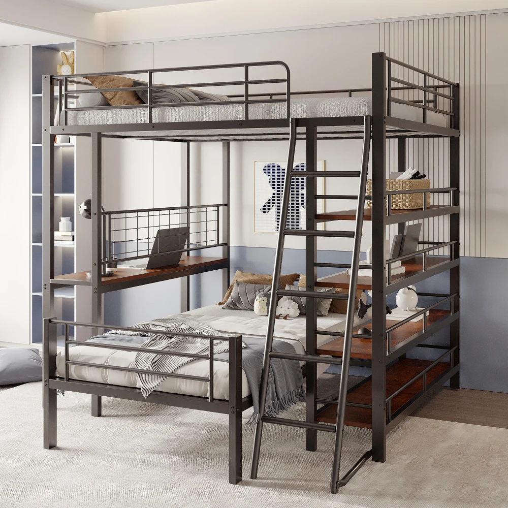 Letto a castello con struttura in metallo 140 * 200 cm / 90 X 200 cm, letto multifunzionale con scomparti multipli, struttura in ferro stabile, per bambini, adulti