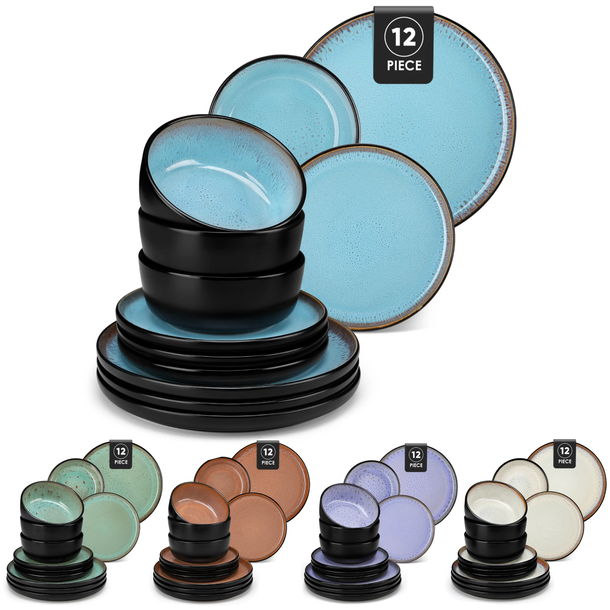 Vancasso AMBER Set di stoviglie in ceramica da 12/16 pezzi Set di piatti in gres nero opaco con piatto da pranzo/dessert/cucina/sopa da 4/6 pezzi