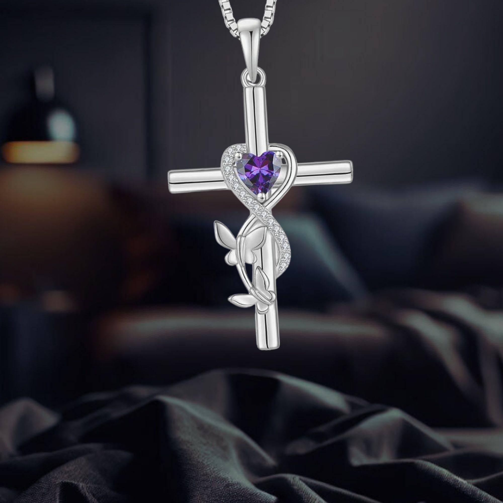 Collana con ciondolo a forma di croce a farfalla in argento sterling 925, ametista, cuore, simbolo dell'infinito, gioielli cristiani per donne