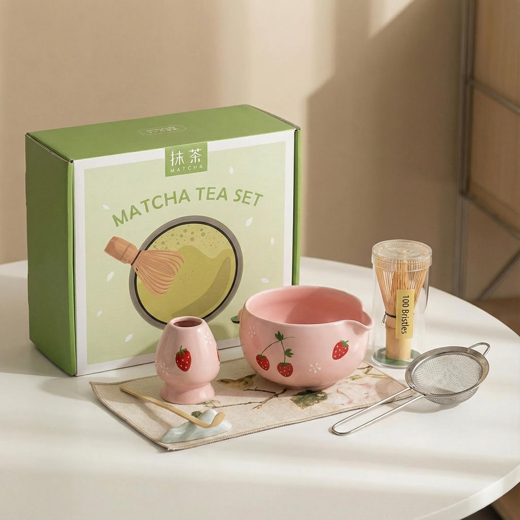Set da tè Matcha alla fragola in ceramica dipinta a mano, set da frusta per Matcha, ciotola in ceramica e frusta in bambù, set regalo per la festa del