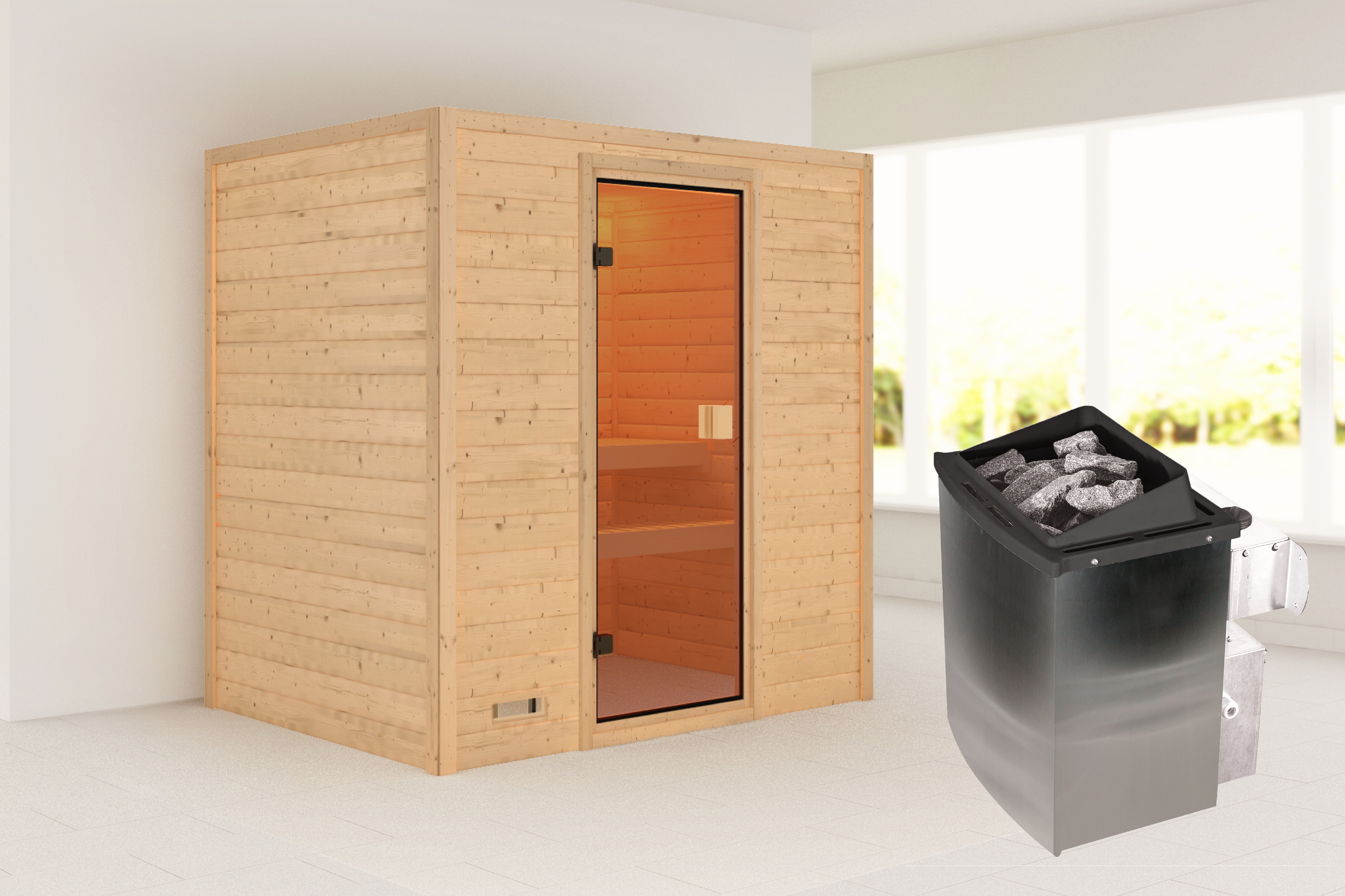 Sauna KARIBU "Sunie" mit bronzierter Tür SET, naturbelassen, mit Ofen 9 kW", naturbelassen, Saunaofen, integrierte Steuerung, 400 kW, Saunen, aus hochwertiger nordischer Fichte Image