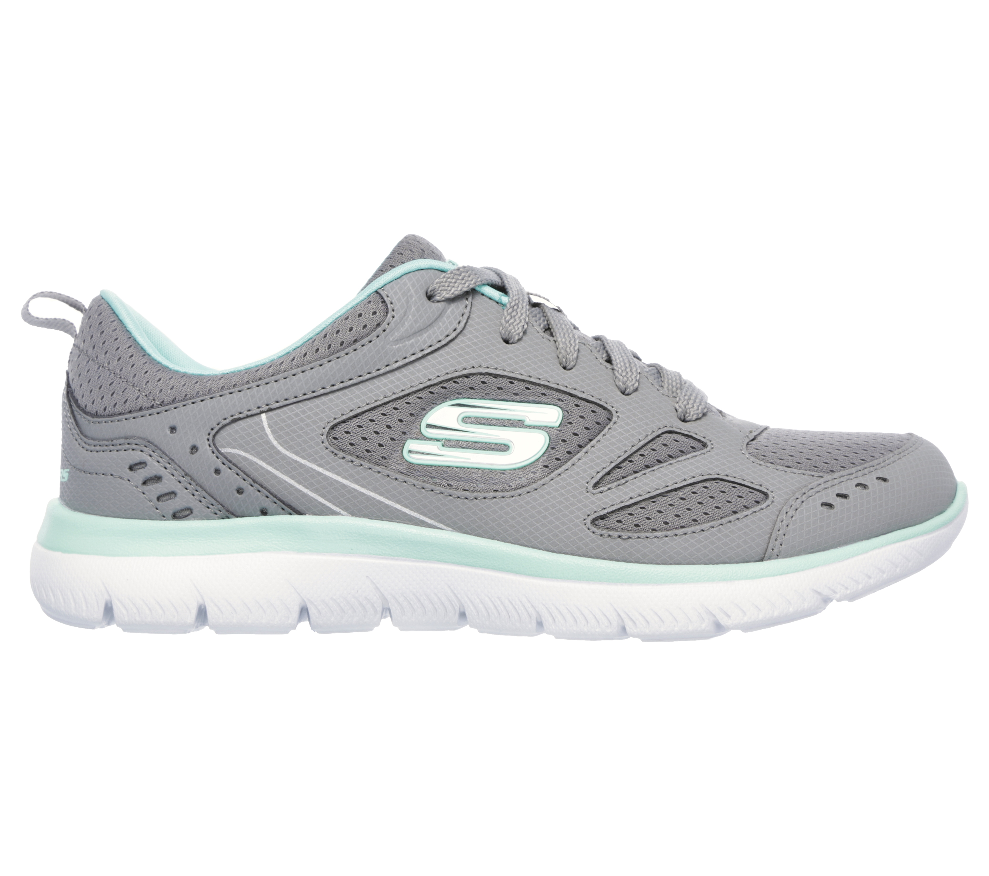 Sneaker SKECHERS "SUMMITS-SUITED", Damen, Gr. 35, grau, mintfarben, Leder, Mesh, Schuhe Sneaker, Freizeitschuh, Trainingsschuh, Schnürschuh mit weicher Polsterung