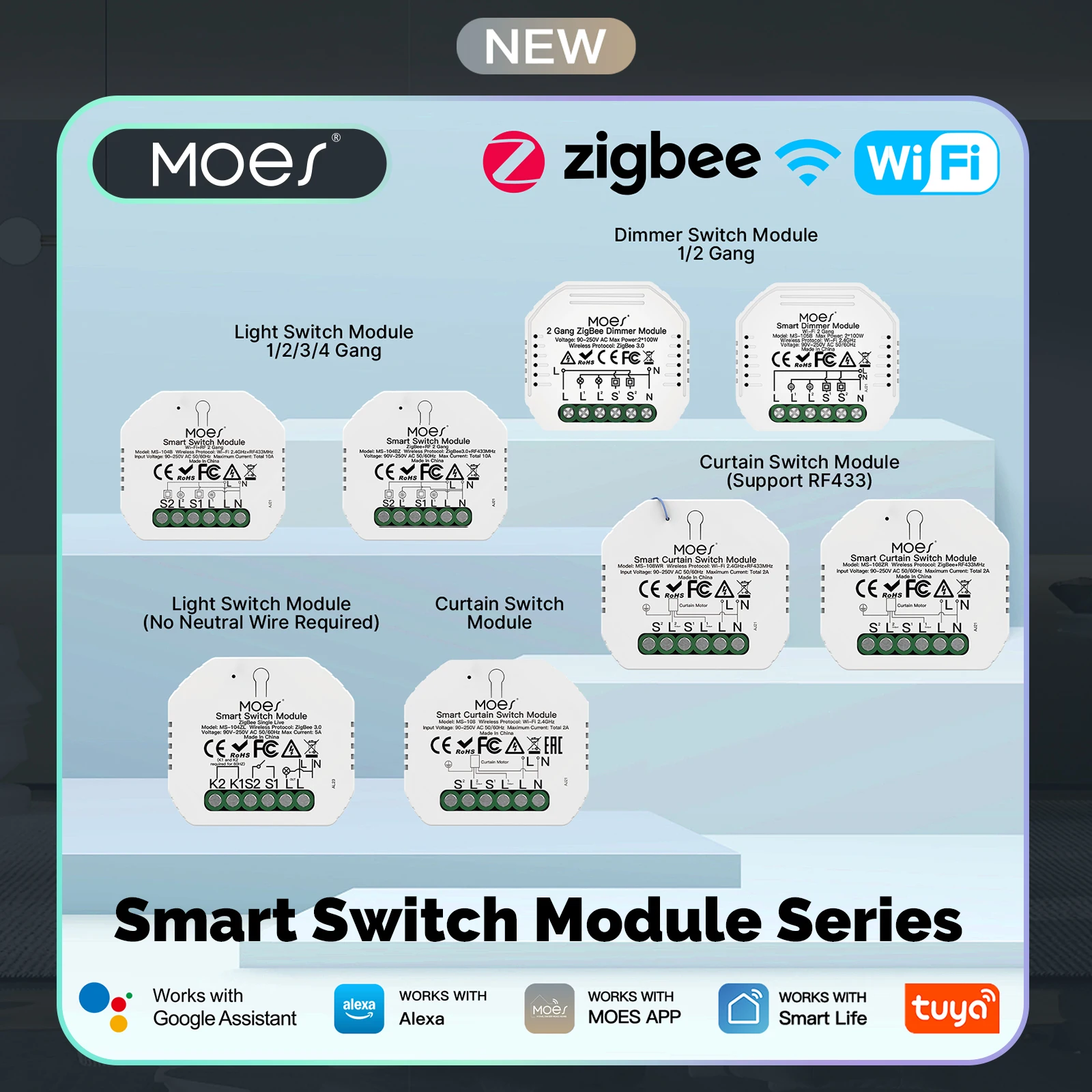 MOES Tuya WiFi/Zigbee Modulo Smart Switch Controllo della luce Dimmer Tenda 1%-100% Controllo vocale Funziona con Alexa Google Home RF433