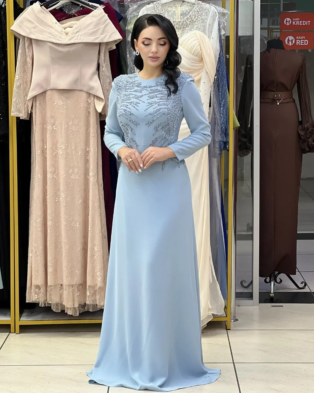 Customized Elegant Jersey Pleat Sequined Pattern A-line O-Neck Long Dresses Bespoke Occasion Homecoming Simple