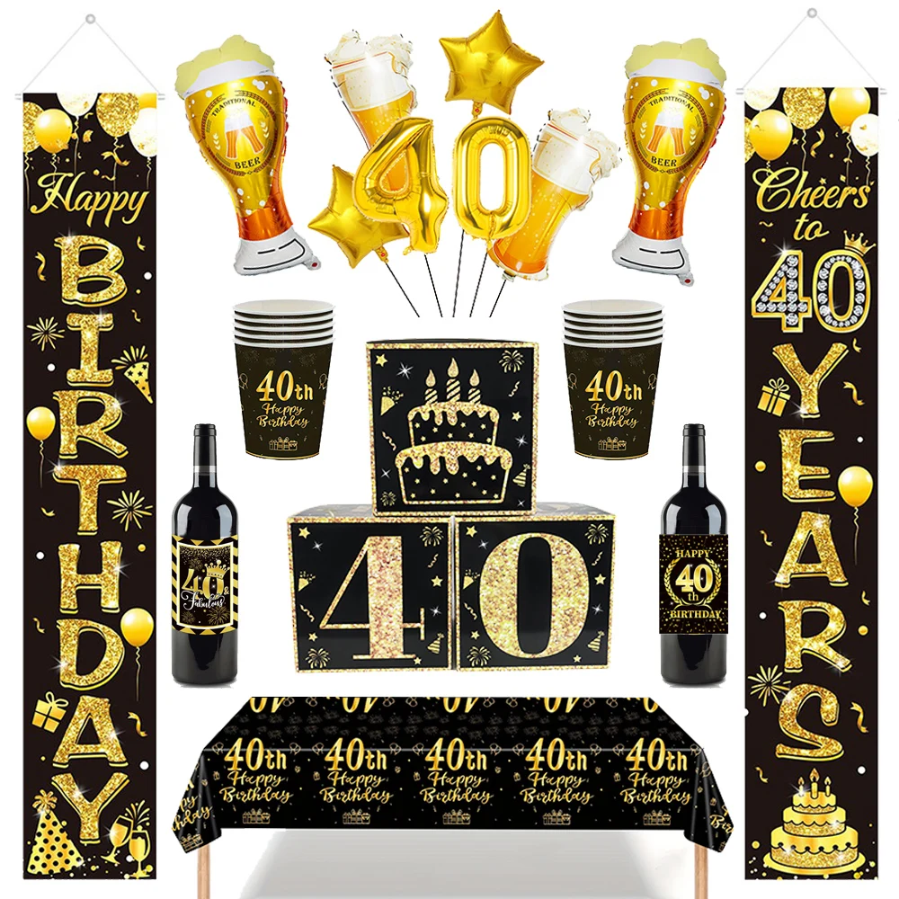 Banner-Dekoration zum 40. Geburtstag für Männer und Frauen, Prost bis zu 40 Jahren, alles Gute zum Geburtstag, Veranda-Schild, Schwarz-Gold, Party-Geschirr-Zubehör Image