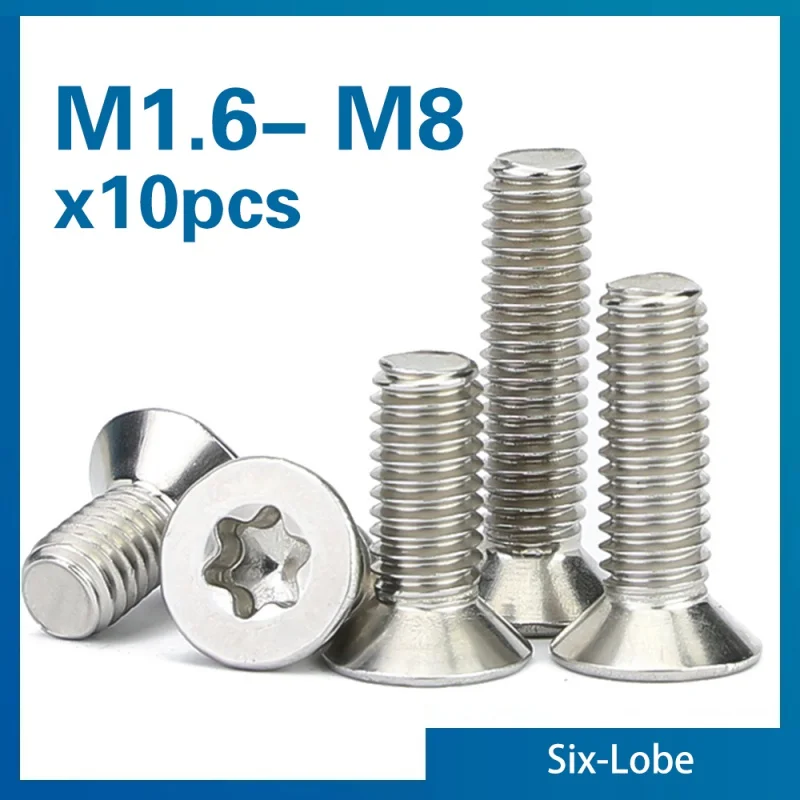 Boulon à tête fraisée plate Torx à Six lobes, 10 pièces/lot, M1.6 M2 M2.5 M3 M4 M5 M6 M8 304 A2-70 en acier inoxydable GB2673