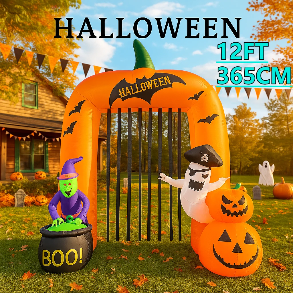 12FT Party Urlaub DIY Dekoration Riesige Halloween Aufblasbare Kürbis Bogen Spielzeug Hexe Geist Hof Liefert Hause Ornament LED Lichter Image