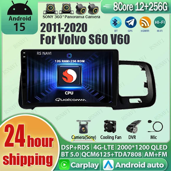Android 15 Carplay Auto Qualcomm 2K QLED Bildschirm Auto Radio Player Für Volvo S60 V60 2011 - 2020 GPS multimedia Wifi BT Navigation Image