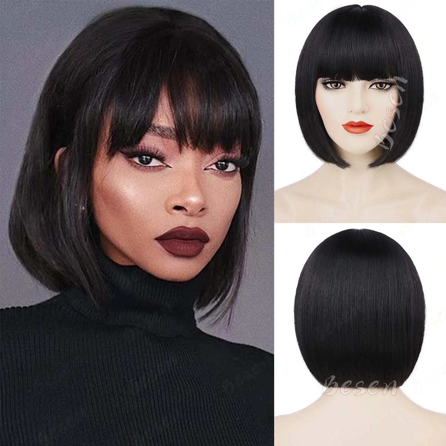 Synthetische schwarze kurze Bob-Perücke, gerade Bob-Lolita-Perücke mit Pony für Frauen, kurze Bob-Pony-Perücke für den täglichen Gebrauch, mehrfarbige Perücke