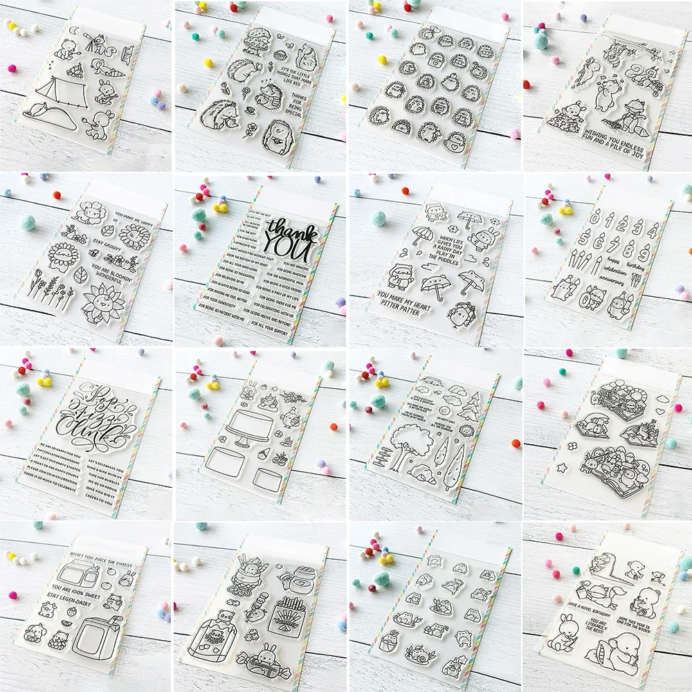 Geburtstagstorte, niedlicher Frosch, Fuchs, Tiere, Stanzformen und klare Stempel, Flasche, Dankeschön-Wörter, Stanzformen für DIY Scrapbooking, Papierhandwerk Image