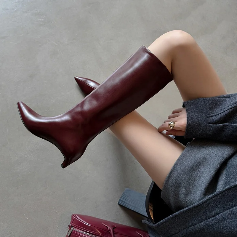2026 neue Mode Winter Frauen Kniehohe Stiefel Spitz Frau Schuhe Niedrigen Kitten Heels Kuh Leder Lange Stiefel Kleid Größe 34-40