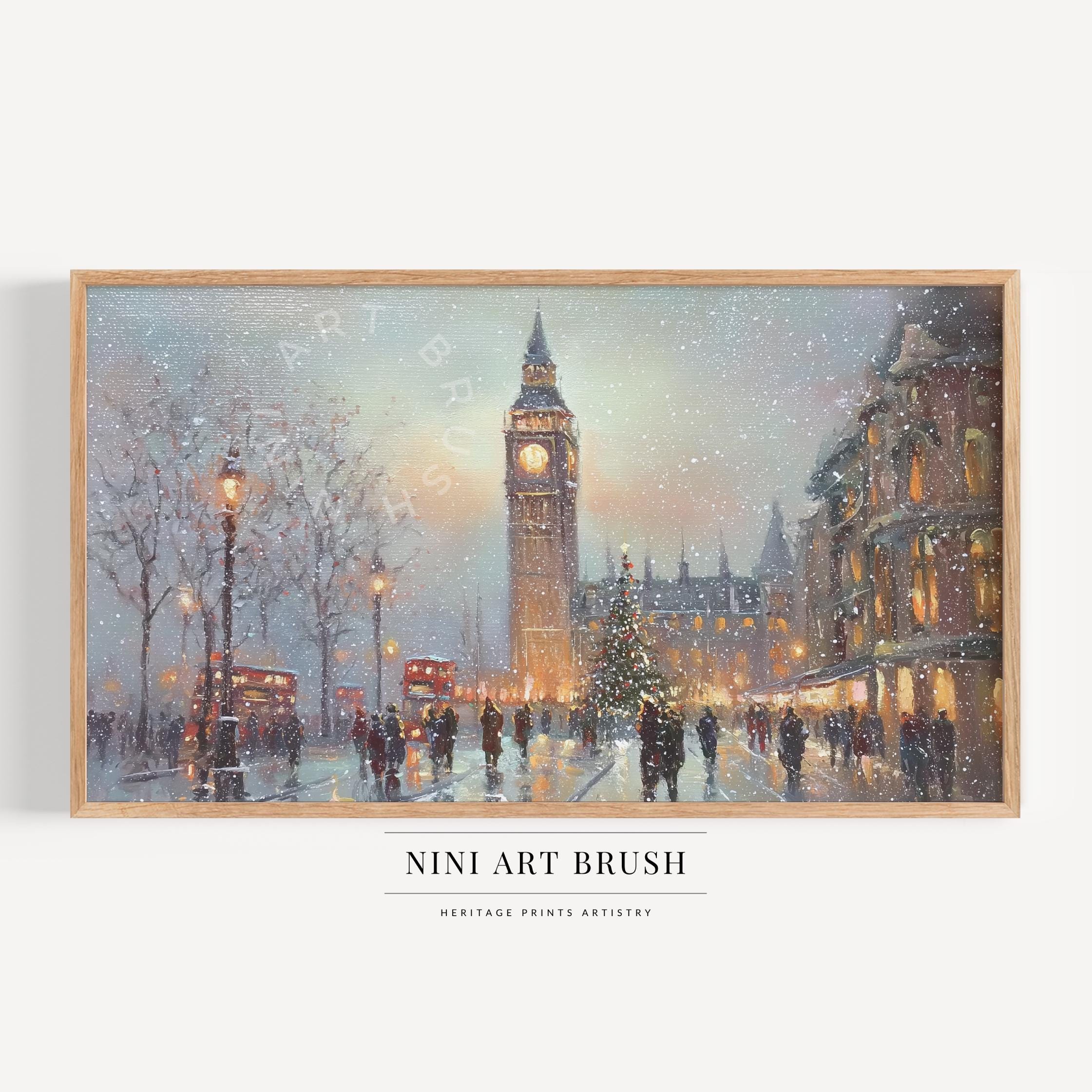 Stampa Big Ben Samsung Frame TV Art Cornice natalizia TV Art Cornice invernale TV Art Decorazione natalizia di Londra Albero di Natale Dipinto a olio