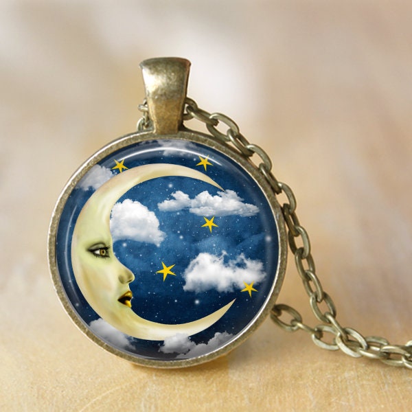 Collana viso luna, catena chiave luna, crescent luna e stelle gioielli, ciondolo viso luna, luna vintage, cielo notturno, astronomia, spazio